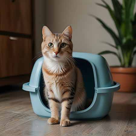 chat assis fièrement sur son bac à litière