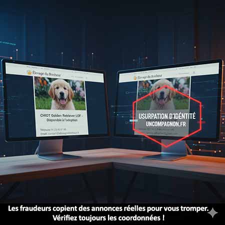 Deux annonces d'animaux identiques affichant des coordonnées de contact différentes, symbolisant l'usurpation d'identité