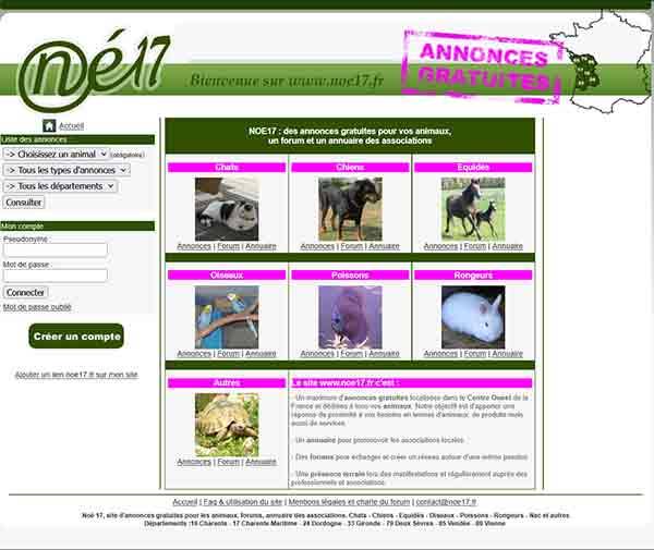 Première interface de Noe17.fr avec les annonces gratuites, les forums et l’annuaire des associations animalières